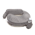 A gray, U-shaped breastfeeding pillow with a soft, plush texture. It features a side pocket holding a water bottle, highlighting practicality and comfort.