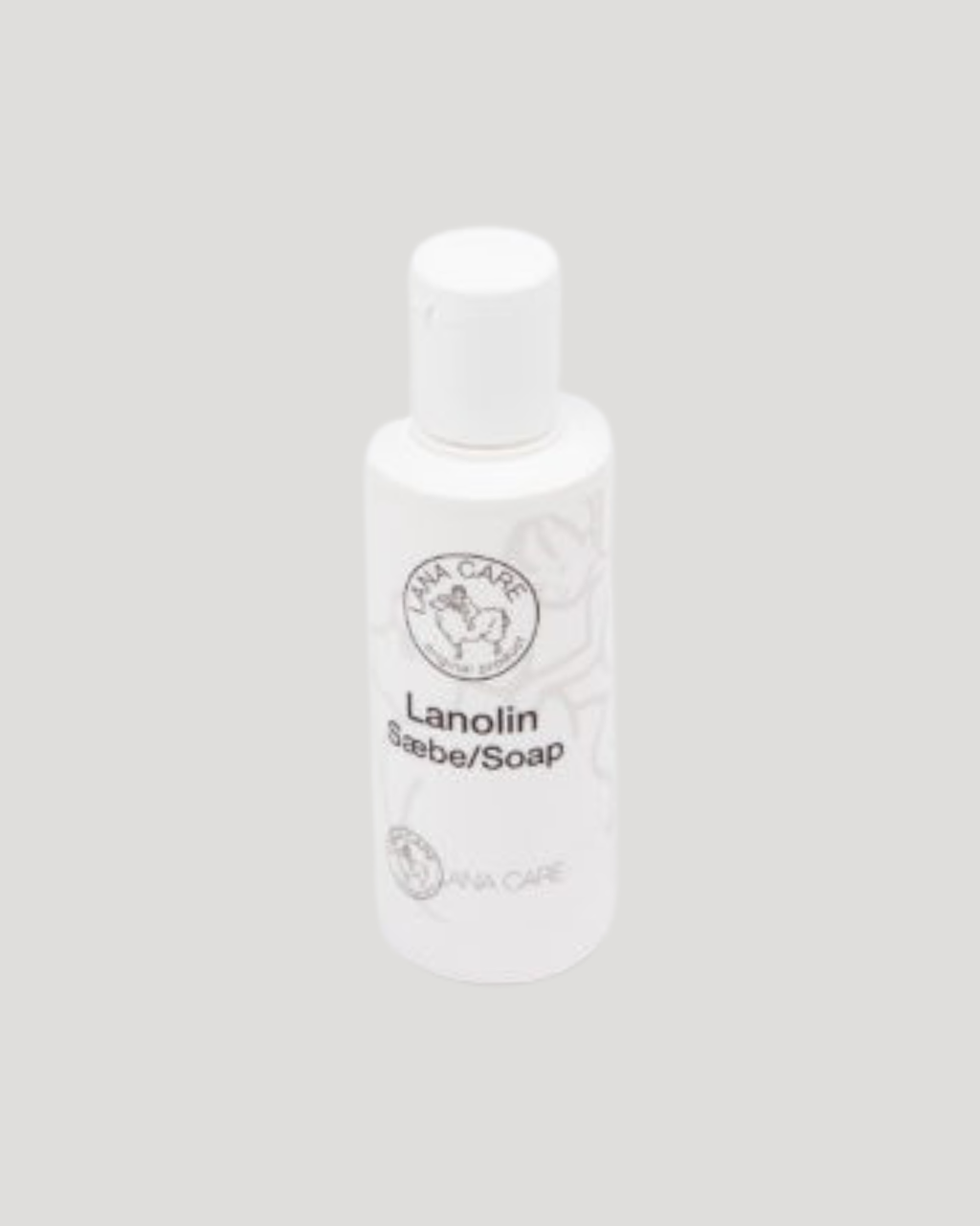 White bottle labeled 'Lanolin Soap' on a gray background