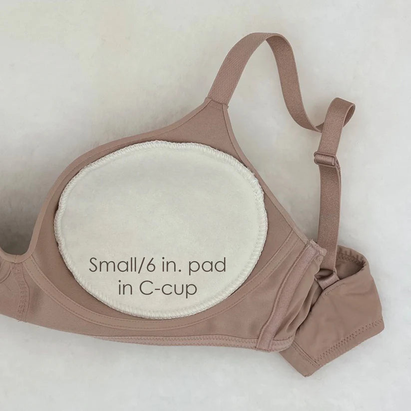 Brown bra with a white pad labeled 'Small/6 in. pad in C-cup' on a light background