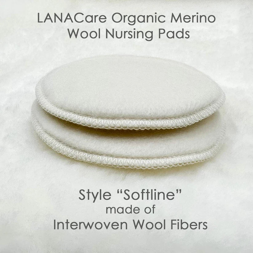 LANACare Organic Merino Wool Nursing Pads on a white background with text describing the product.
