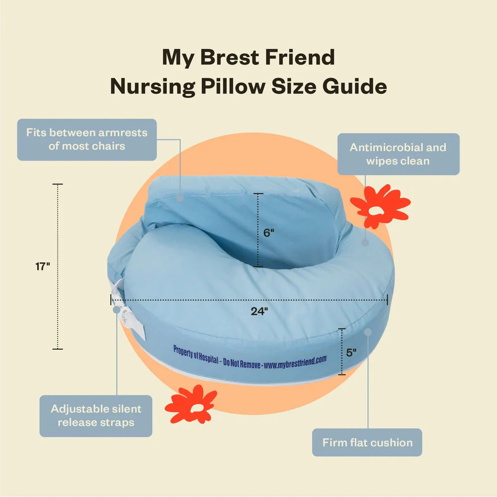 Nursing pillow size guide with measurements and features on a beige background