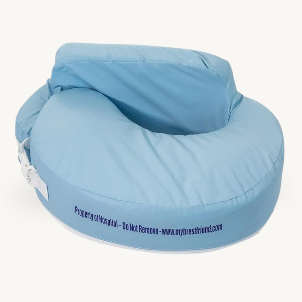 My Brest Friend Professional nursing pillow in light blue with a wipeable hospital-grade cover, adjustable security strap, and a flat backrest cushion.