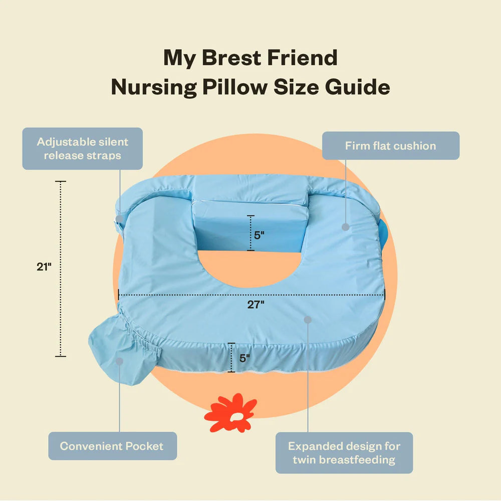 Nursing pillow with size guide and features on a beige background
