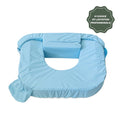 Blue nursing pillow with a badge indicating it's a #1 choice of lactation professionals on a white background.