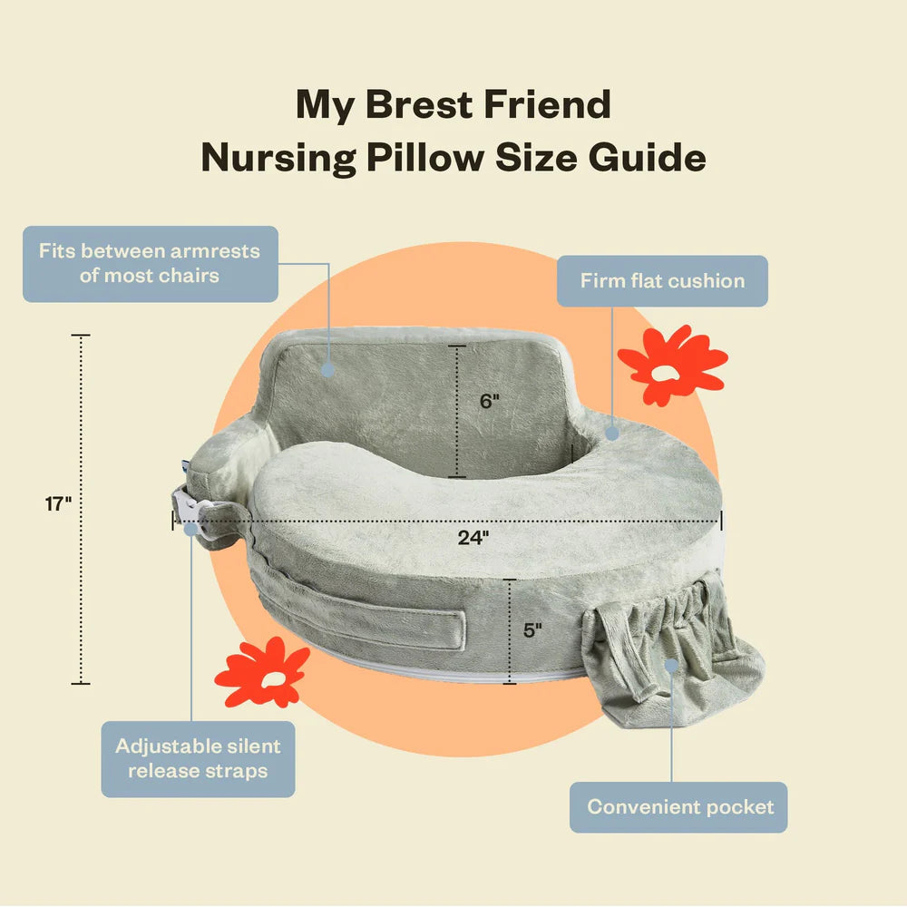 Nursing pillow with size guide and features on a beige background